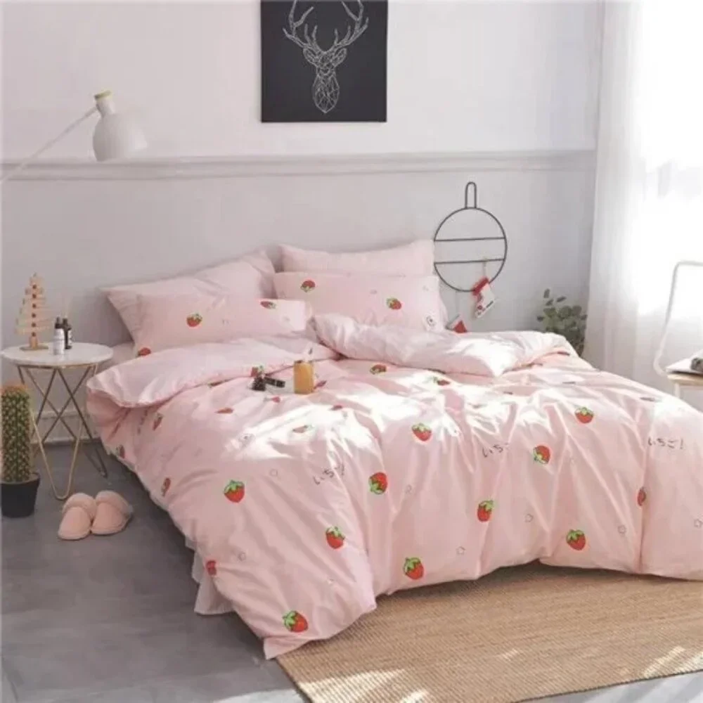 Duvet CoverSet Pure Cotton Cute Pink Anime Bedding Set 3 PCS with Zipper Closure